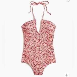 J. Crew ruched‎ keyhole plunge ditsy floral print one piece halter swim suit L
